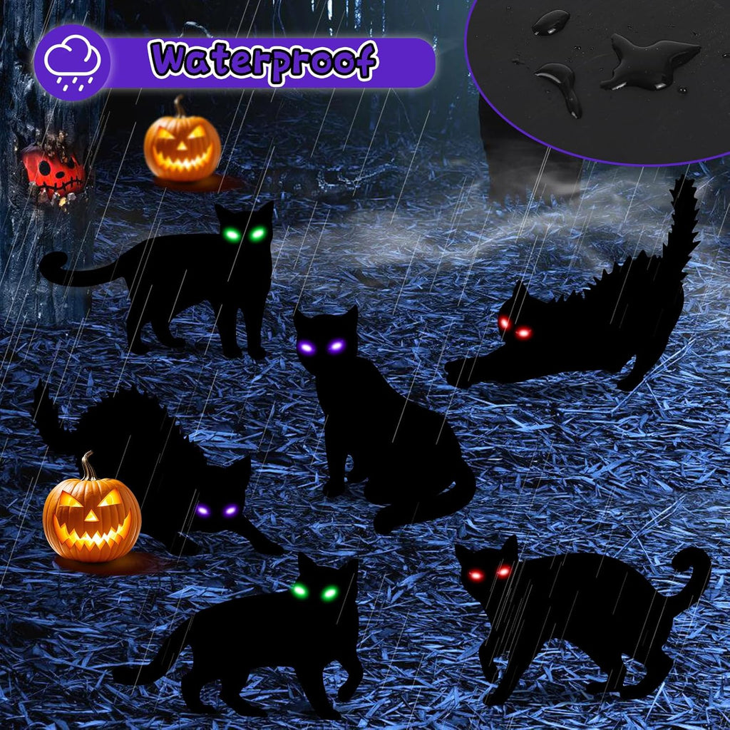 6Pack Black Cat Halloween Decorations Outdoor with LED Glowing Eyes Lights Black Cat Yard Stakes Halloween Decor, Waterproof Outside Cats Blow up Scary Patio Lawn Decorations