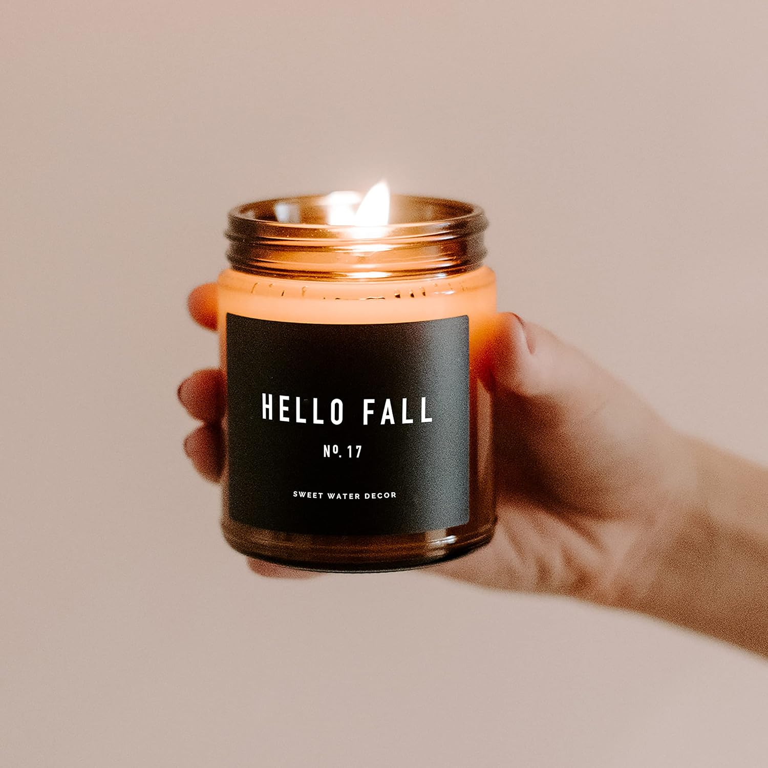 Sweet Water Decor Hello Fall Soy Candles - Fall Candle with Hot Cider, Cinnamon, Cloves, and Nutmeg Scent for Home - Soy Candle with 40 Hours Burn Time - 9Oz Black Lid Amber Jar Candles Fall Scents