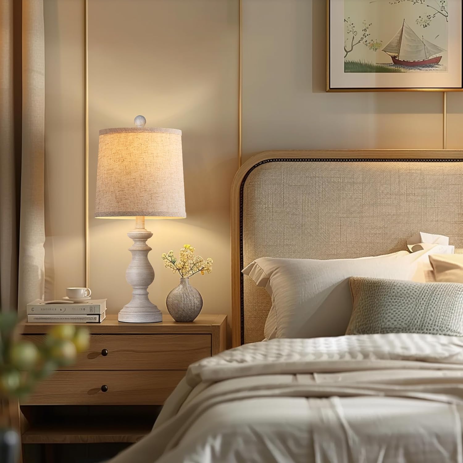 PARTPHONER Traditional Table Lamp Set of 2, Rustic Farmhouse Table Lamps for Living Room Bedroom, 22" Bedside Desk Lamps Vintage Nightstand Lamps with Linen Shades, Antique Grey