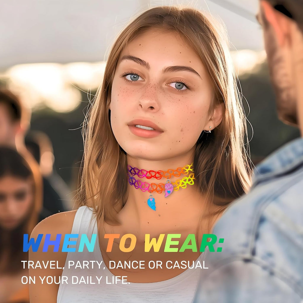 BodyJ4You 2PC Tattoo Choker Necklace - 90s Choker Necklace Women - 2000s Y2K Black Chokers Rainbow Choker - Butterfly Ying Yang Unicorn Rainbow Charms - Stretchy Elastic Necklace