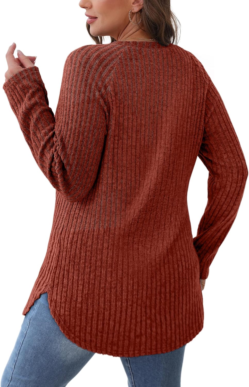 Saloogoe Long Sleeve Shirts for Women 2025 Fall Clothes Tunic Tops Loose Fit Dressy Crewneck Pullover Sweaters Curved Hem