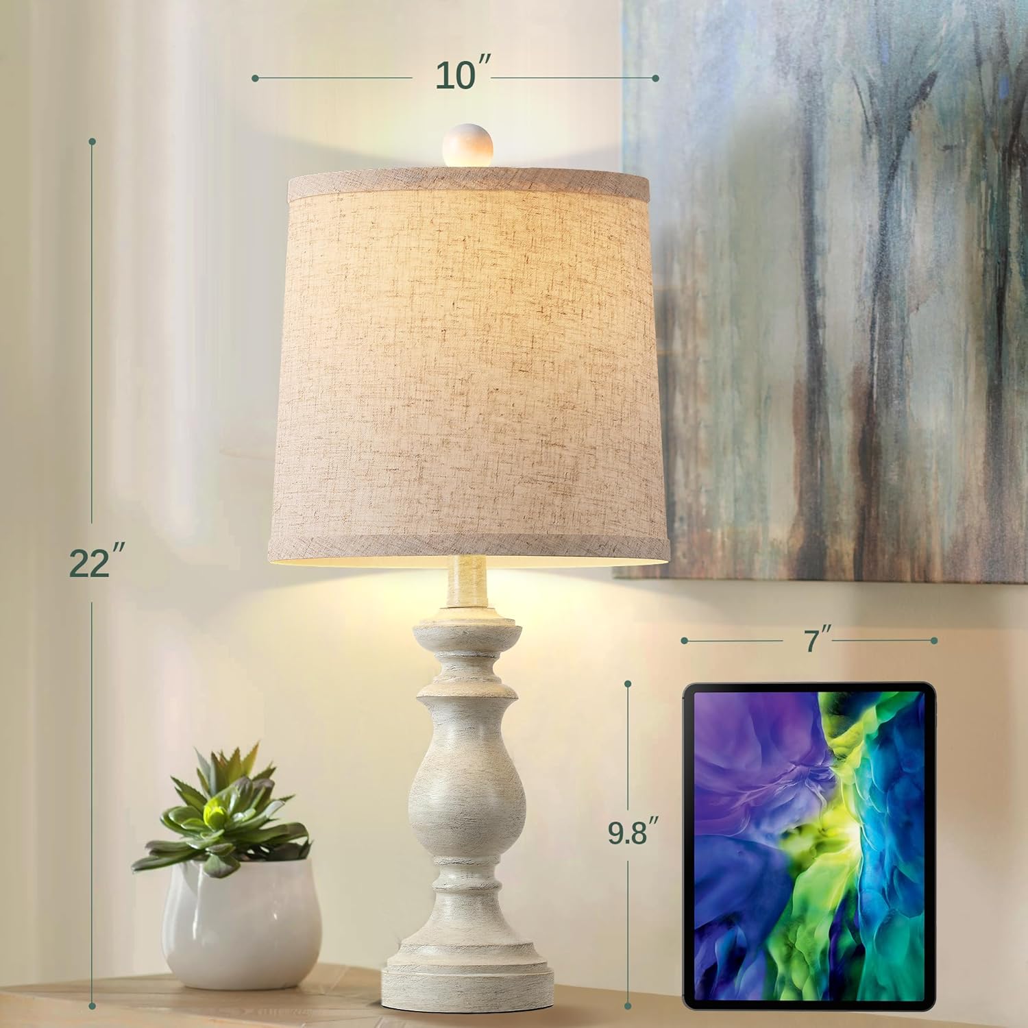 PARTPHONER Traditional Table Lamp Set of 2, Rustic Farmhouse Table Lamps for Living Room Bedroom, 22" Bedside Desk Lamps Vintage Nightstand Lamps with Linen Shades, Antique Grey