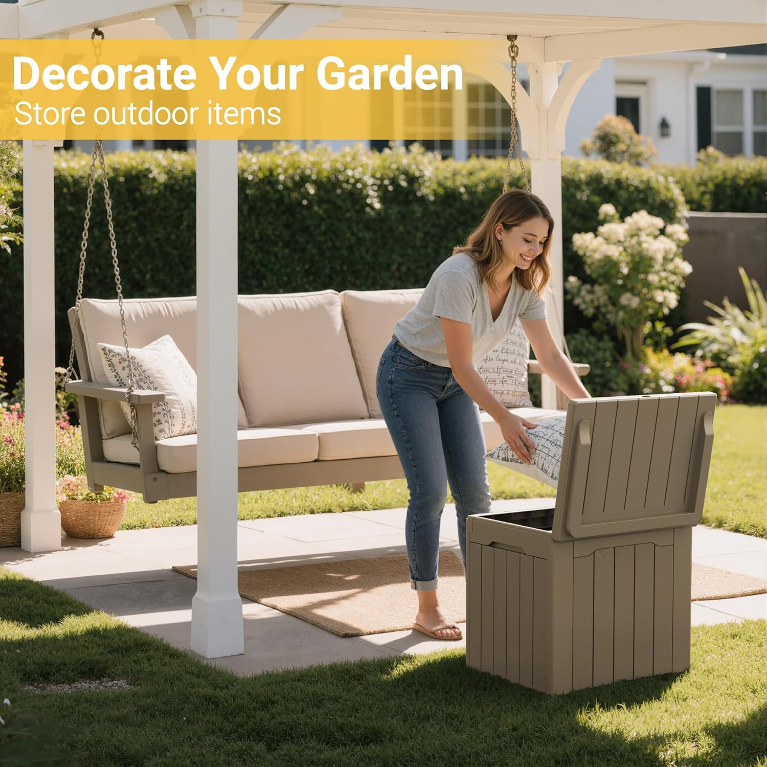 Greesum 31 Gallon Resin Deck Box Large Outdoor Storage for Patio Furniture, Garden Tools, Pool Supplies, Weatherproof and UV Resistant, Lockable, Dark Black