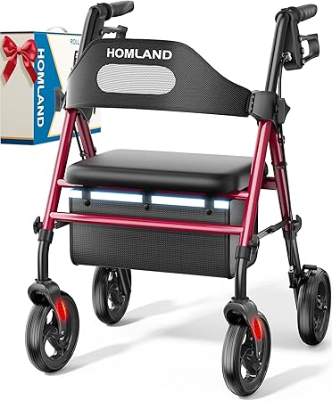 HOMLAND Foldable Rollator Walkers with Seat for Seniors, 8'' Big Wheels, 350 lb. Weight Capacity, Adjustable Handles and Seat Height, Lightweight Rolling Walker, Red