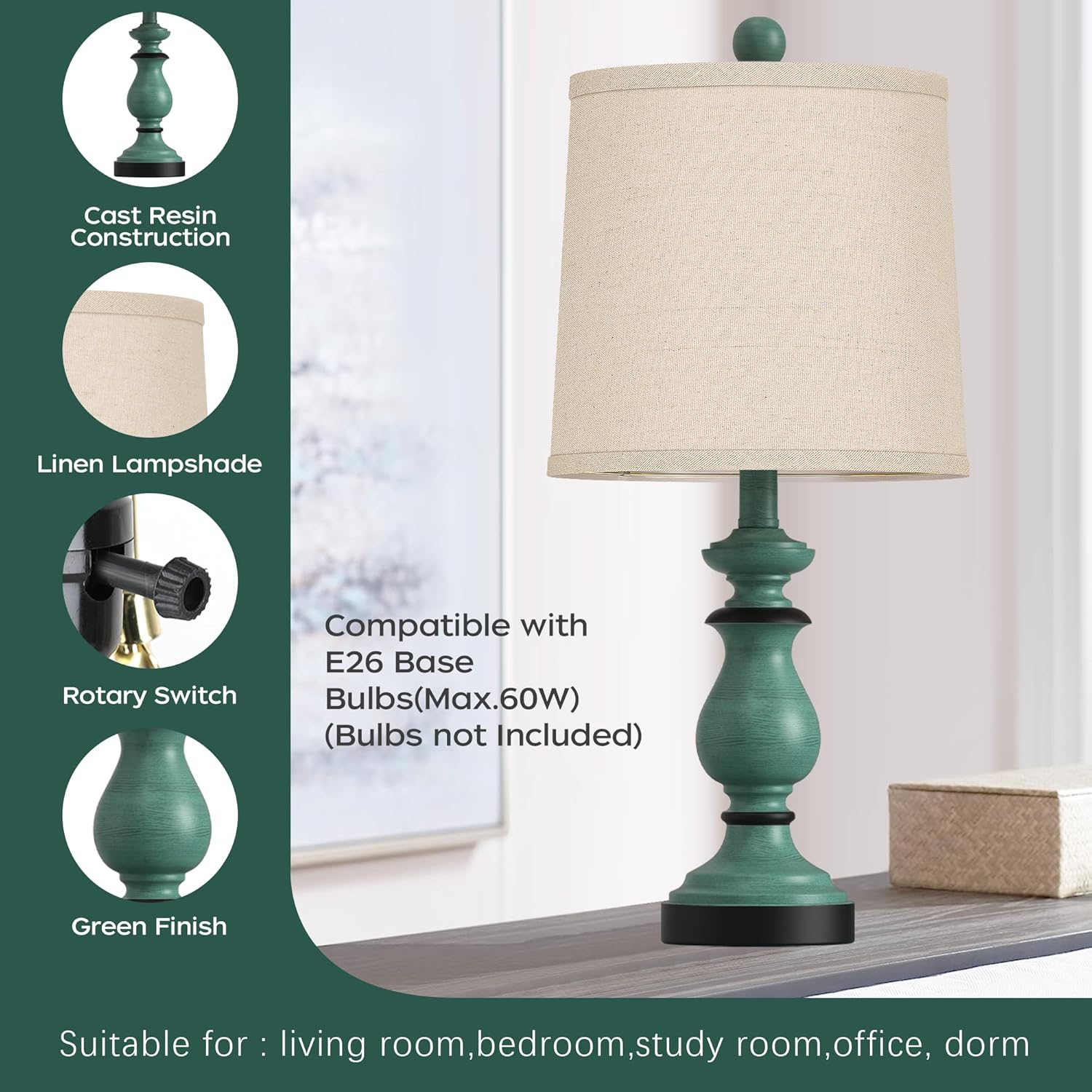 PARTPHONER Traditional Table Lamp Set of 2, Rustic Farmhouse Table Lamps for Living Room Bedroom, 22" Bedside Desk Lamps Vintage Nightstand Lamps with Linen Shades, Antique Grey