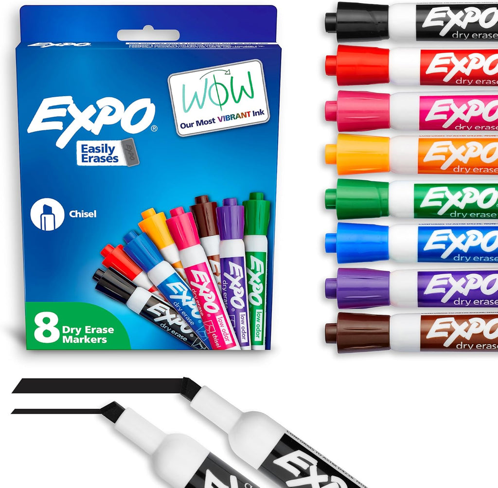 EXPO Dry Erase Markers, Low Odor Ink, Assorted Colors, Chisel Tip, 12 Count - Easily Erases, Vibrant Ink, Ideal for Classroom, Back to School Supplies, Teachers, Office, Whiteboard & Home