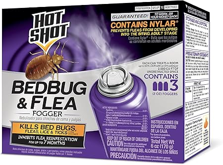 Hot Shot BedBug And Flea Fogger 3 Count-2 Ounce Cans, With Nylar, Inhibits Flea Reinfestation
