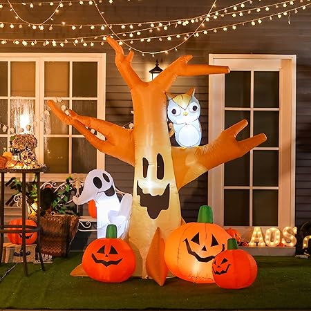 HOMCOM 7.5' Tall Lighted Halloween Inflatables Outdoor Decorations Haunted Tree with Owl, Ghost, Pumpkins, Blow Up LED Yard Decor for Garden, Lawn, Party, Holiday, Waterproof