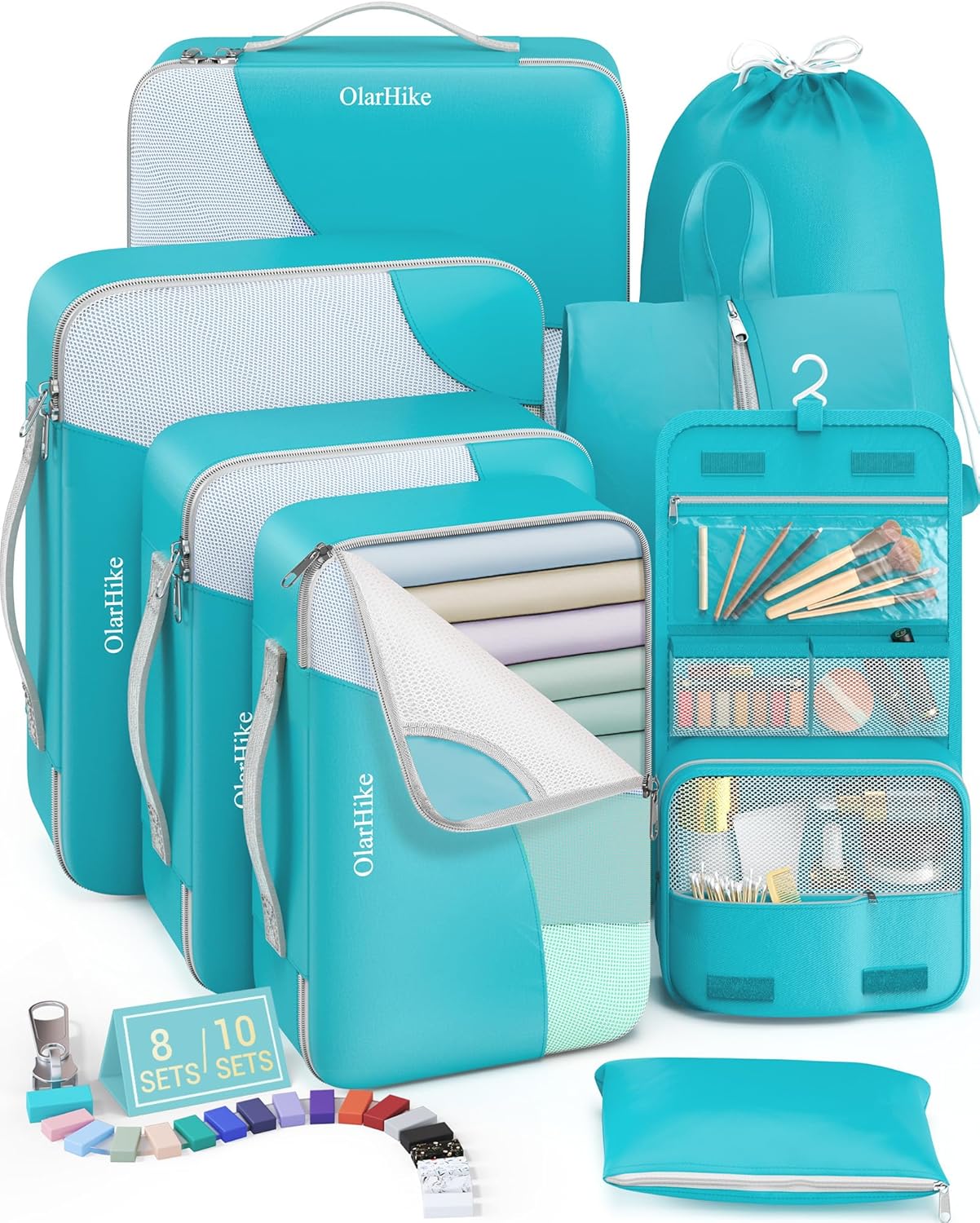 10 Set/8 Set Packing Cubes for Travel, Gifts for Women Mom,Anti-Tearing Suitcase Organizer for Luggage with Shoe & Hanging Toiletry Bag,OlarHike Vacation Essentials & Accessories for Cruise Ship,Cream