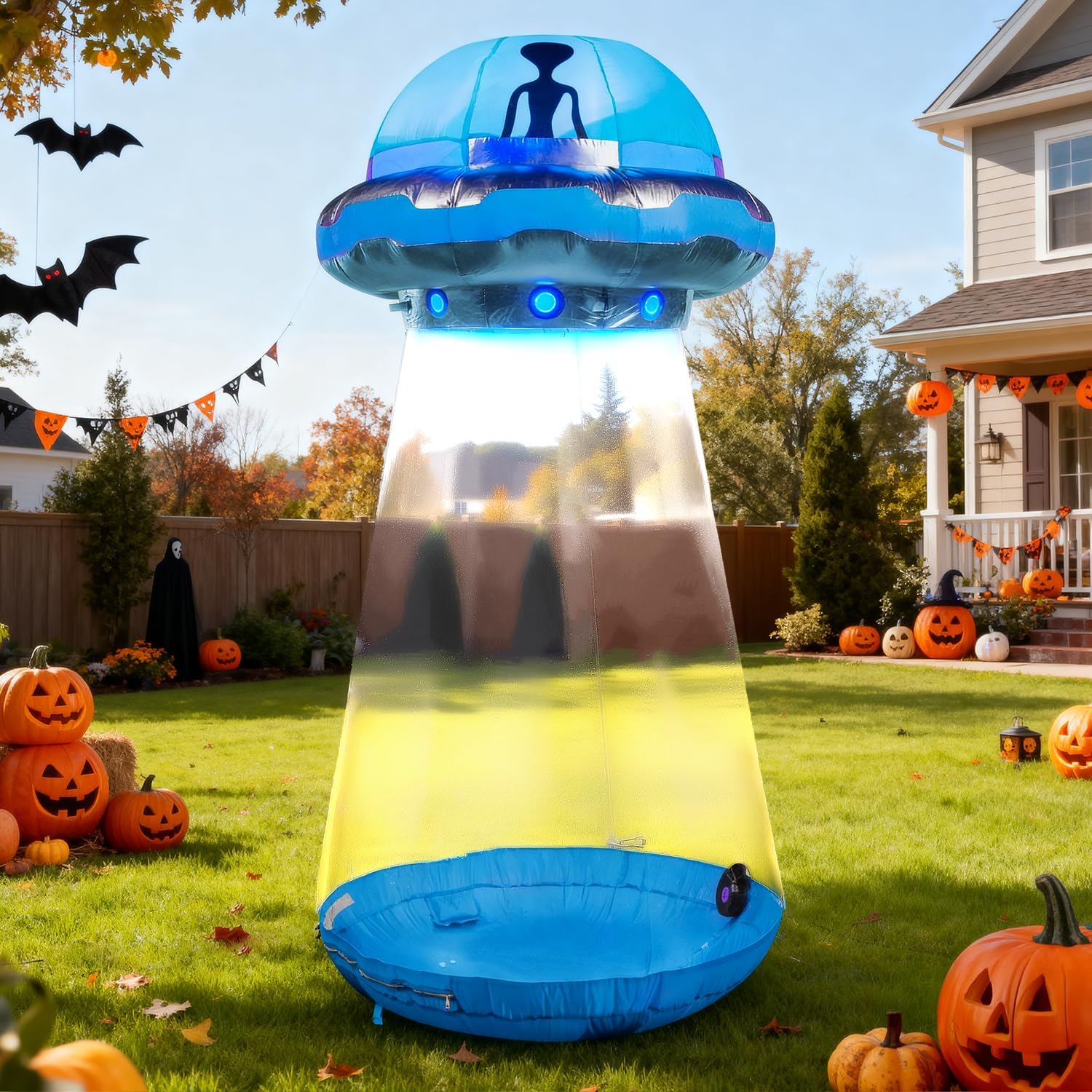 Joiedomi 9 FT Tall Halloween Inflatable UFO Outdoor Decorations, Halloween Blow Ups UFO Alien Decor for Yard Decoration with LEDs for Lawn Garden Party Decor