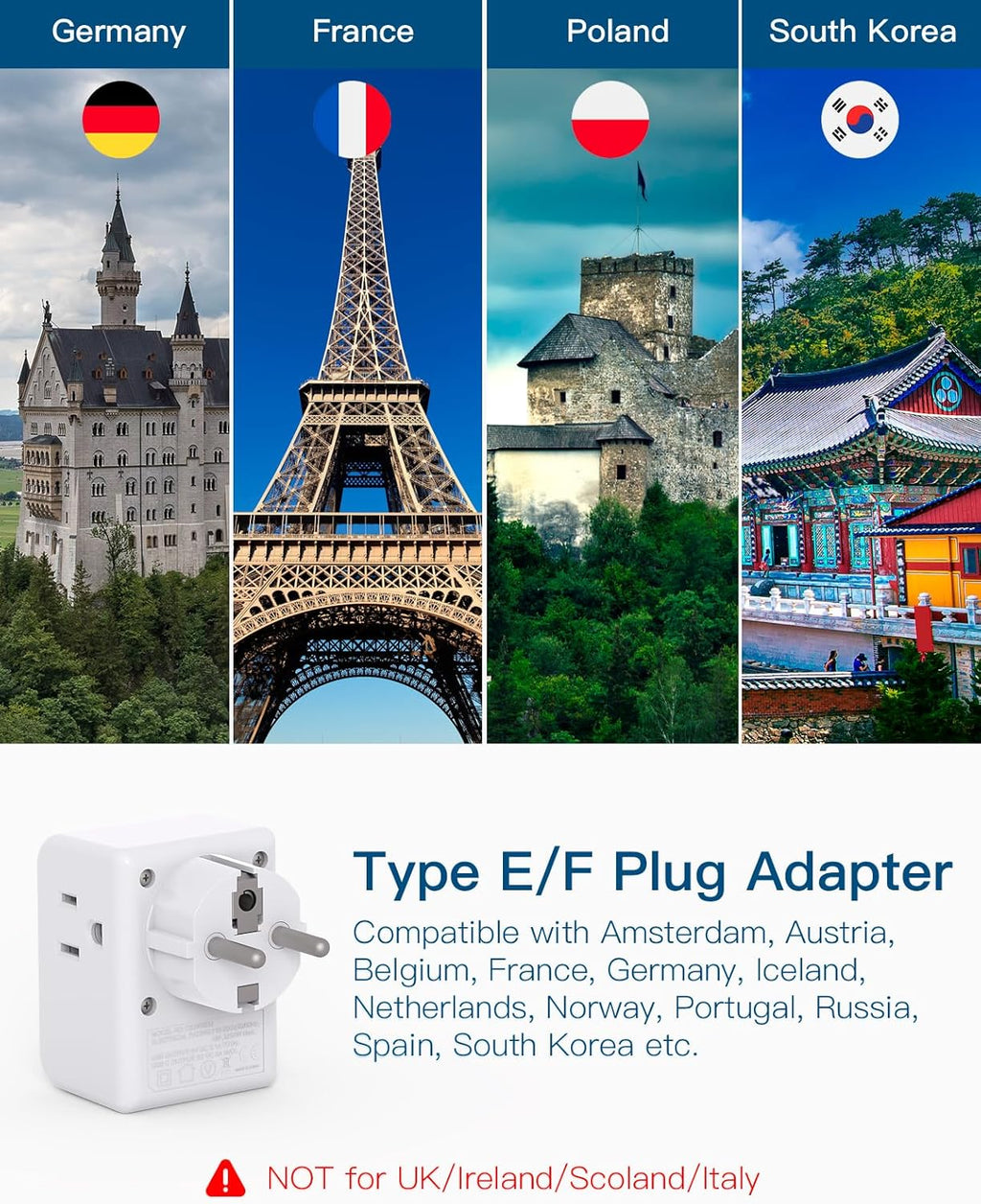 2 Pack European Travel Plug Adapter, International Power Plug Adapter with 3 Outlets 3 USB Charging Ports(1 USB C), Type C Plug Adapter Travel Essentials to Most Europe EU Spain Italy France Germany