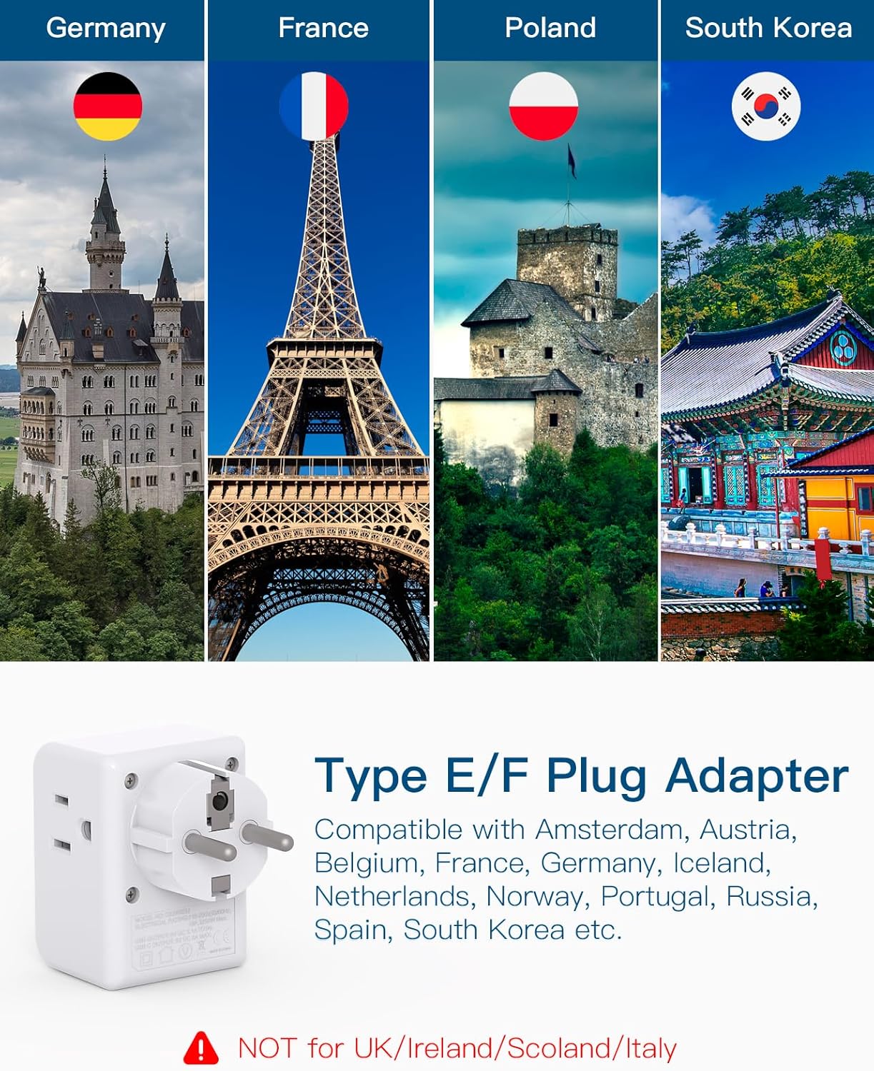 2 Pack European Travel Plug Adapter, International Power Plug Adapter with 3 Outlets 3 USB Charging Ports(1 USB C), Type C Plug Adapter Travel Essentials to Most Europe EU Spain Italy France Germany