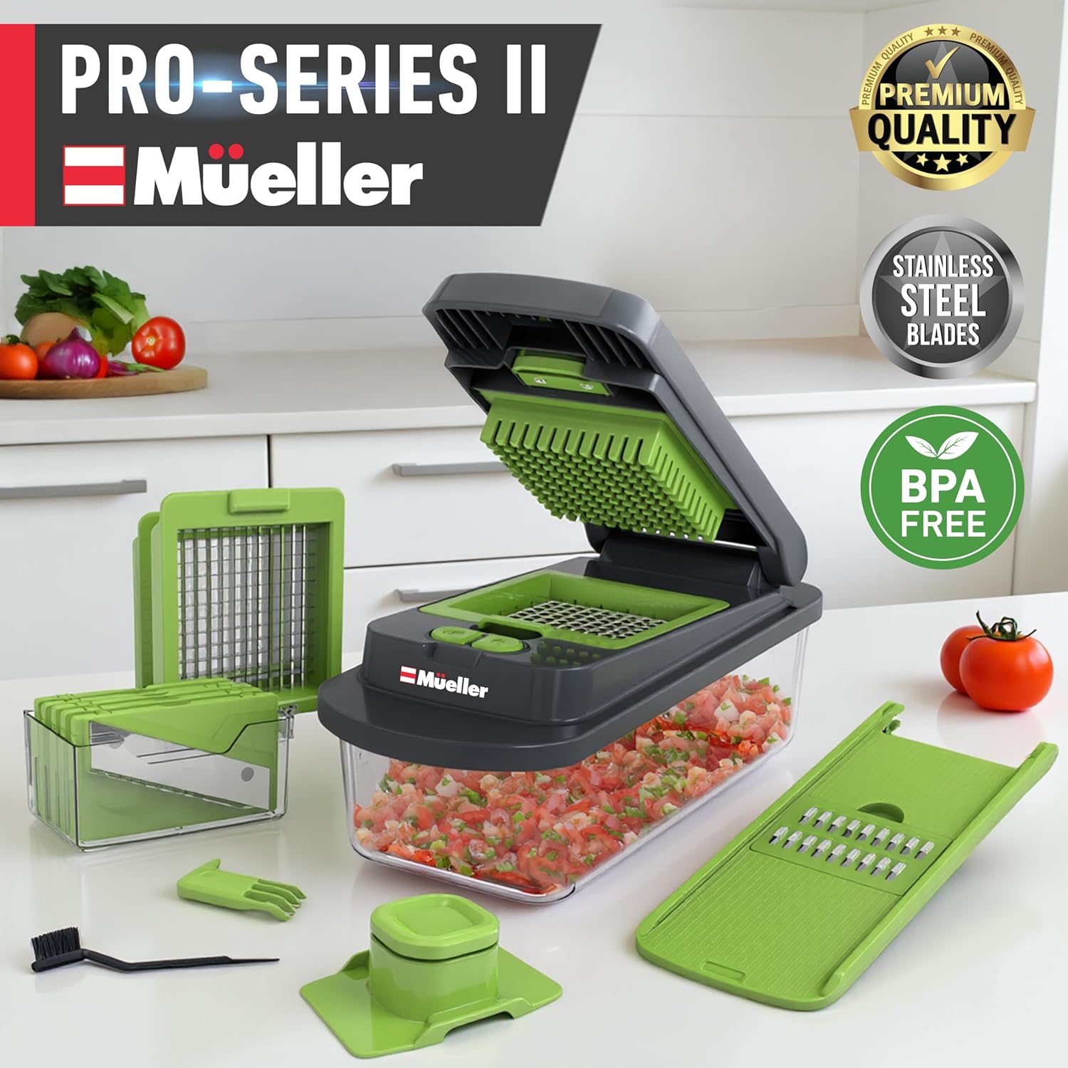 Mueller Pro-Series All-in-One, 12 Blade Mandoline Slicer for Kitchen, Food Chopper, Vegetable Slicer and Spiralizer, Cutter, Dicer, Grater, Kitchen Gadgets Sets with Container, White Sand/Gray