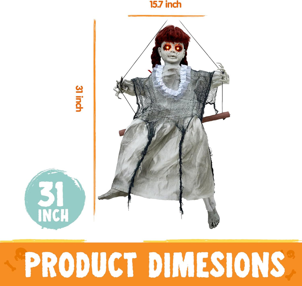 JOYIN Scary Halloween Decorations Outdoor, Halloween Hanging Scary Swing Girl Decorations Winging White Doll with Creepy Sound and Light Up Eyes Sound, Animatronics Hanging Decors Activated