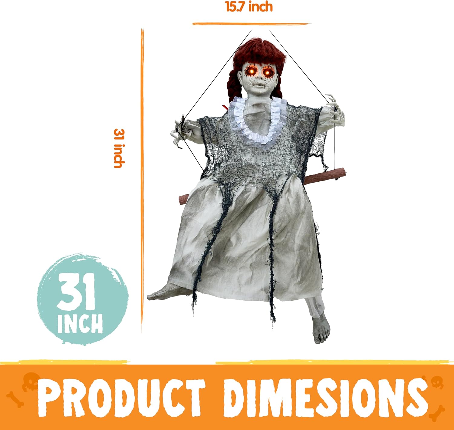 JOYIN Scary Halloween Decorations Outdoor, Halloween Hanging Scary Swing Girl Decorations Winging White Doll with Creepy Sound and Light Up Eyes Sound, Animatronics Hanging Decors Activated