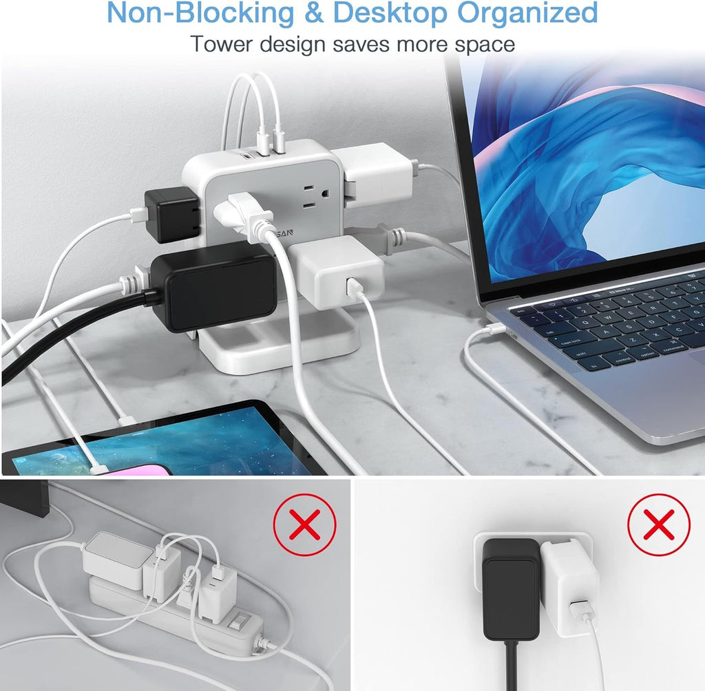 TESSAN Surge Protector Power Strip, 5 Ft Flat Plug Extension Cord with 3 USB (1 USB C) 8 Outlets, 900J Surge Protection, 3 Sided Outlet Extender with Power Switch for Office, Dorm Room Essentials