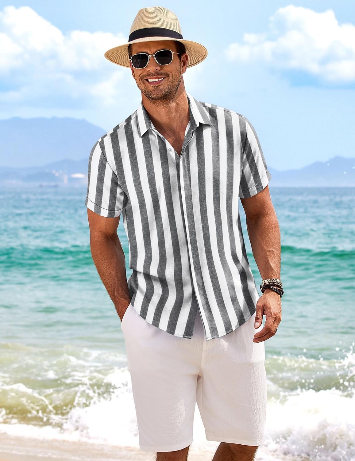 COOFANDY Men's Linen Shirts Short Sleeve Casual Shirts Button Down Shirt for Men Beach Summer Wedding Shirt