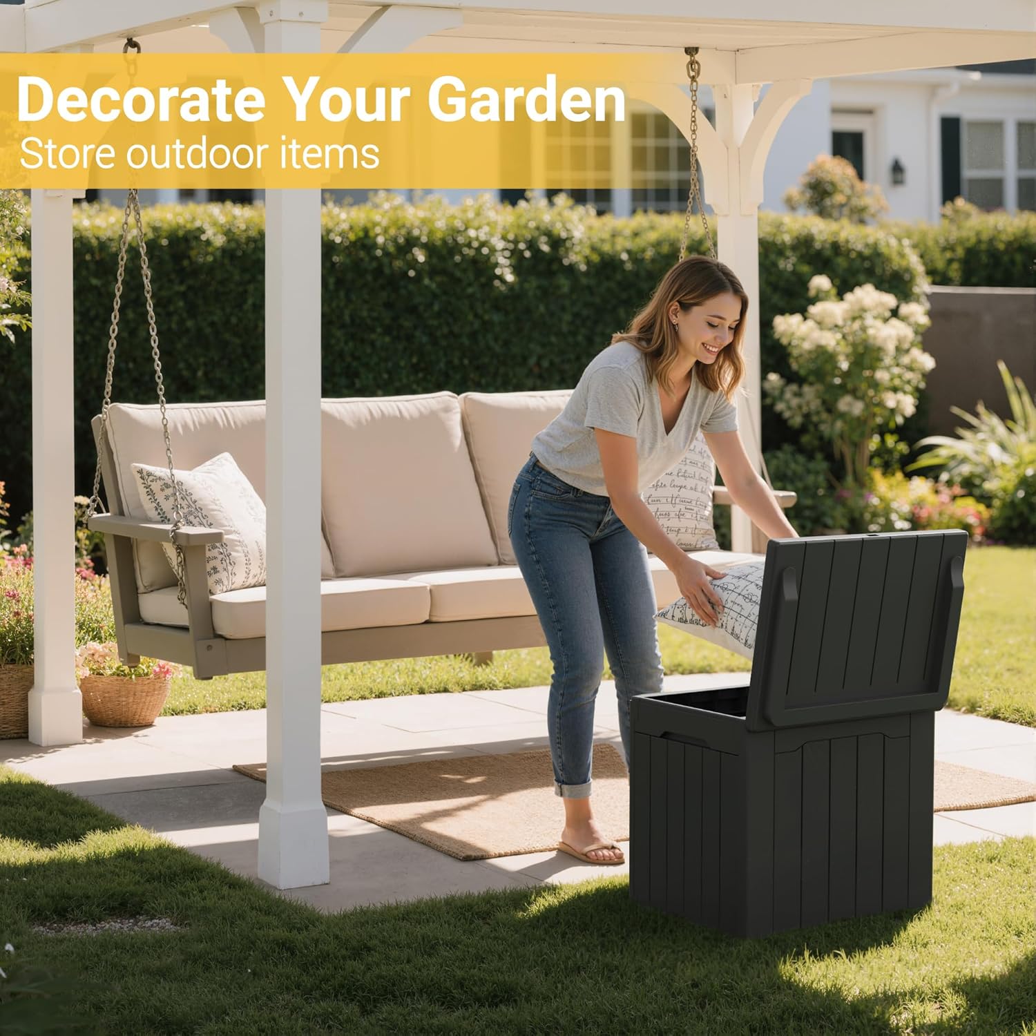 Greesum 31 Gallon Resin Deck Box Large Outdoor Storage for Patio Furniture, Garden Tools, Pool Supplies, Weatherproof and UV Resistant, Lockable, Dark Black