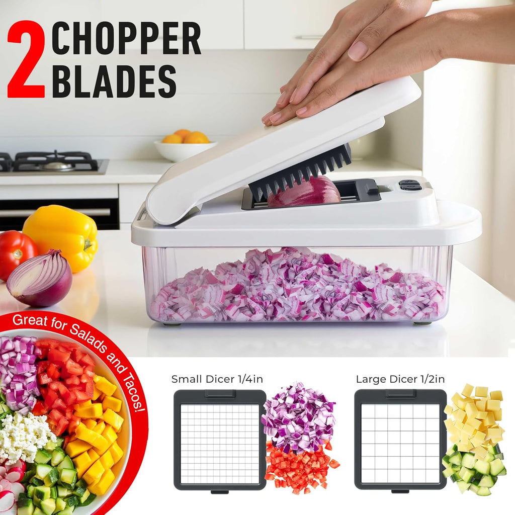 Mueller Pro-Series All-in-One, 12 Blade Mandoline Slicer for Kitchen, Food Chopper, Vegetable Slicer and Spiralizer, Cutter, Dicer, Grater, Kitchen Gadgets Sets with Container, White Sand/Gray