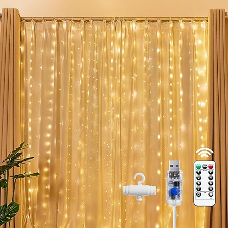Brightown 300 LED Fairy Curtain Lights, 9.8ft x 9.8ft Warm White Curtain String Lights, USB Plug in 8 Lighting Modes Christmas Decoration, Hanging Lights with Remote for Bedroom Indoor Weddings Dorm