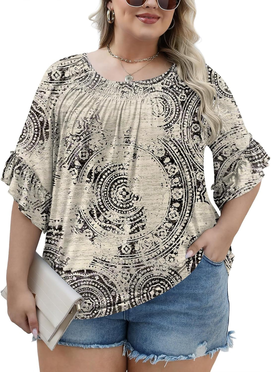 Micoson Womens Plus Size Tops 3/4 Ruffle Sleeve Shirts Crewneck Pleated Blouses Dressy Casual Fashion Tunic Top (1X-5X)