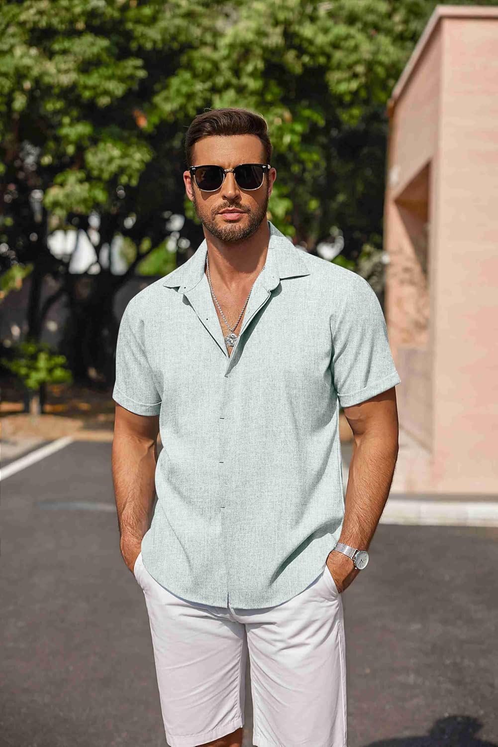 COOFANDY Men's Linen Shirts Short Sleeve Casual Shirts Button Down Shirt for Men Beach Summer Wedding Shirt