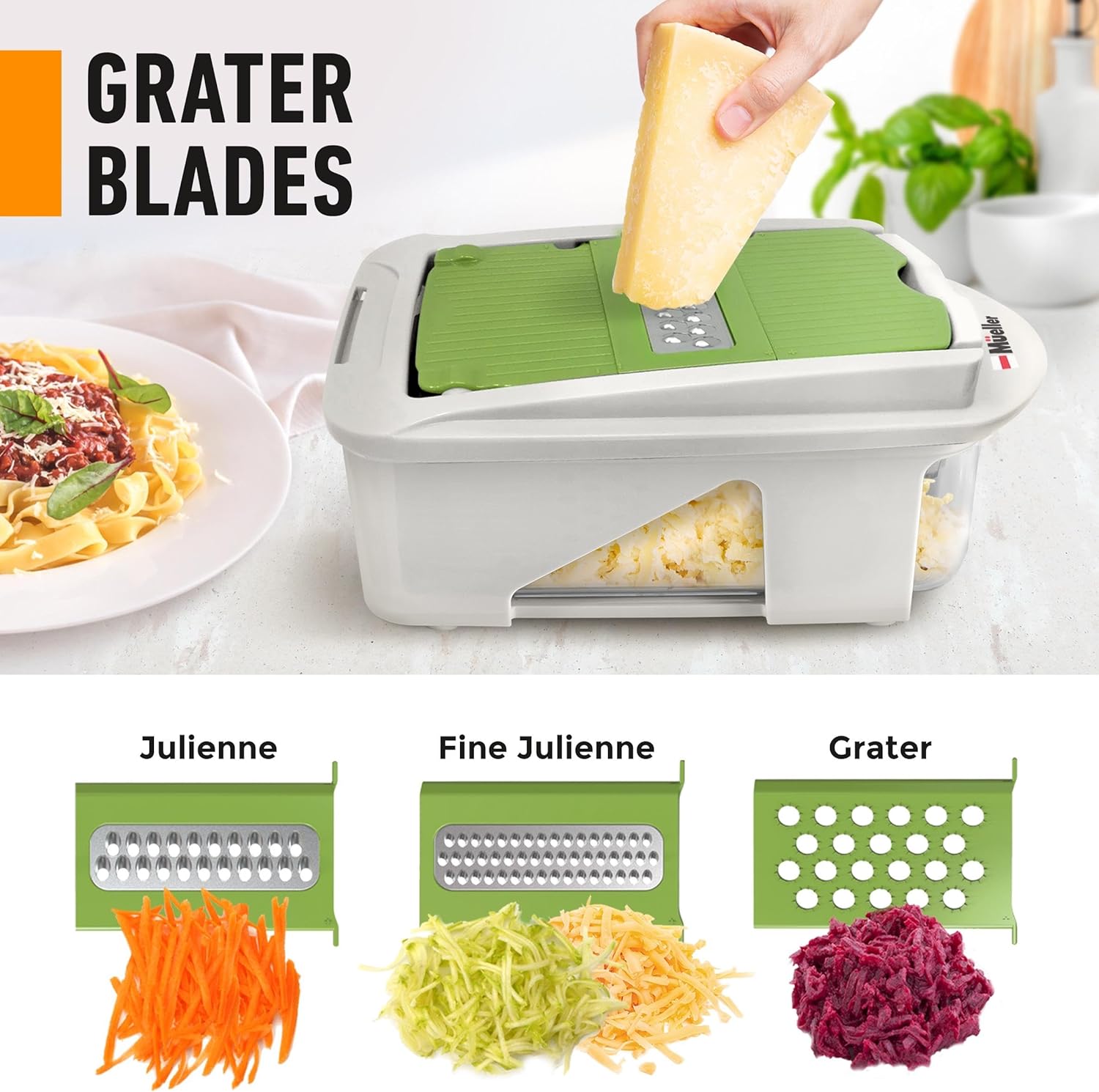 Mueller Pro-Series All-in-One, 12 Blade Mandoline Slicer for Kitchen, Food Chopper, Vegetable Slicer and Spiralizer, Cutter, Dicer, Grater, Kitchen Gadgets Sets with Container, White Sand/Gray