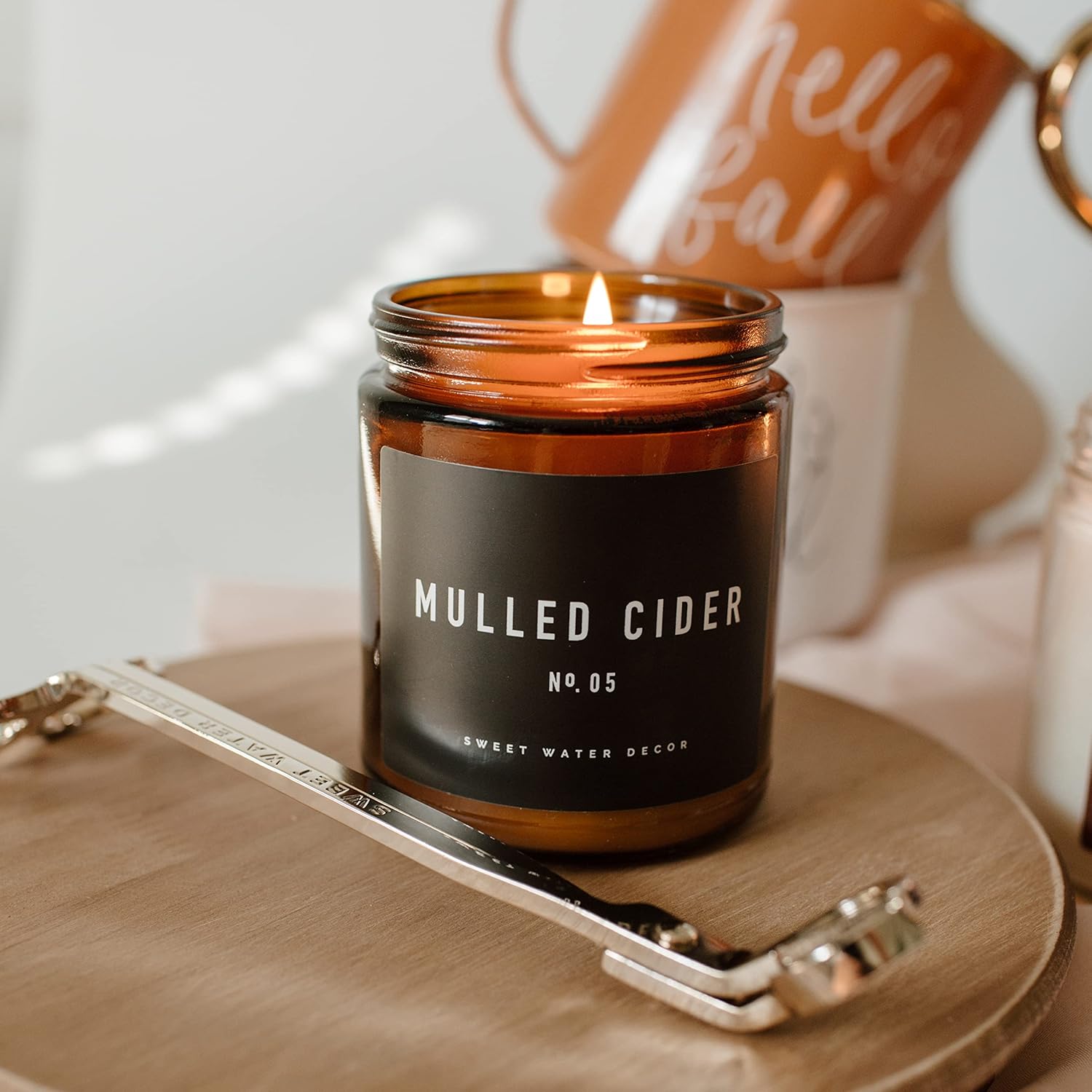 Sweet Water Decor Hello Fall Soy Candles - Fall Candle with Hot Cider, Cinnamon, Cloves, and Nutmeg Scent for Home - Soy Candle with 40 Hours Burn Time - 9Oz Black Lid Amber Jar Candles Fall Scents