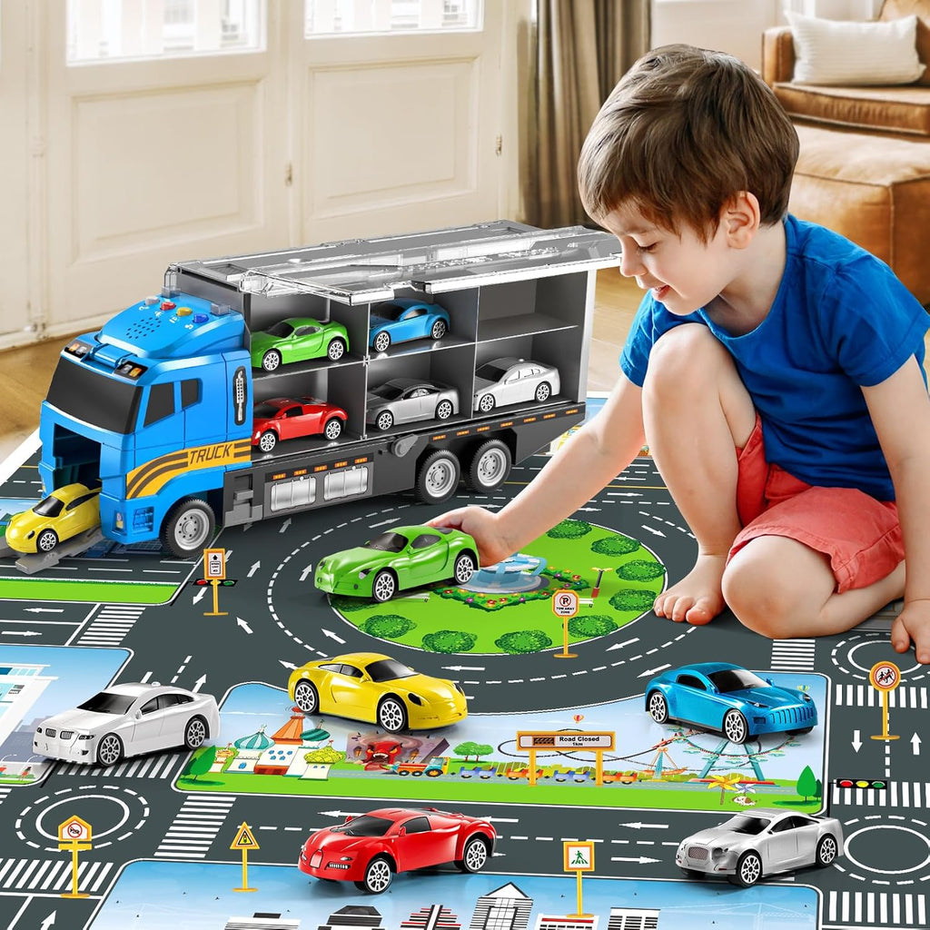 Toddler Boys Construction Truck Vehicle Toy Set with Play Mat and Die-Cast Toy Car, Transport Carrier Truck for Kids 3-5, Birthday Gifts Toys for 3-8 Year Old Boys