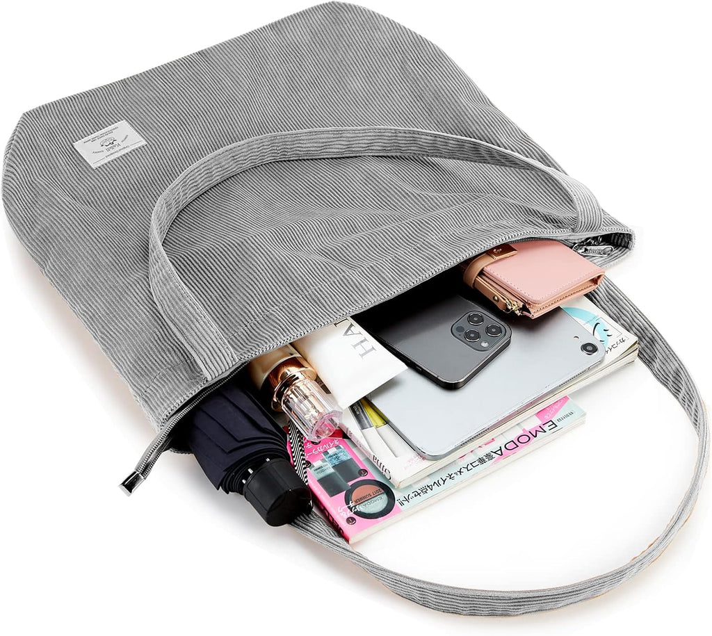 KALIDI Women Corduroy Tote Bag Zipper Casual Tote's Handbag Big Capacity Shoulder Bag with Pockets