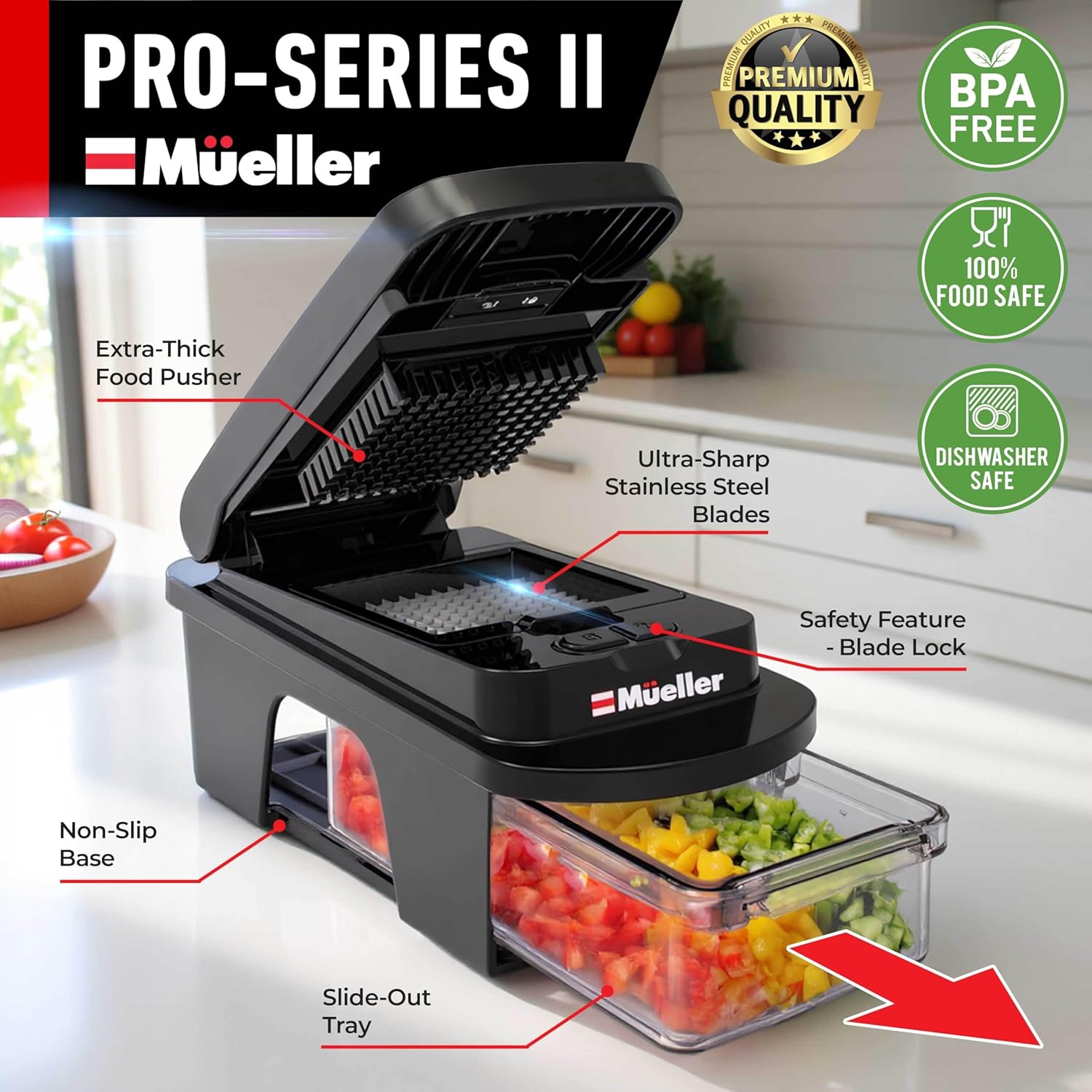 Mueller Pro-Series All-in-One, 12 Blade Mandoline Slicer for Kitchen, Food Chopper, Vegetable Slicer and Spiralizer, Cutter, Dicer, Grater, Kitchen Gadgets Sets with Container, White Sand/Gray