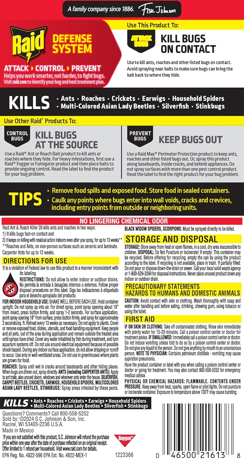 Raid Ant & Roach Killer Spray For Listed Bugs, Keeps Killing for Weeks, Fresh Scent, 17.5 oz