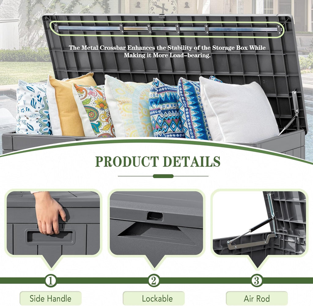 Greesum 31 Gallon Resin Deck Box Large Outdoor Storage for Patio Furniture, Garden Tools, Pool Supplies, Weatherproof and UV Resistant, Lockable, Dark Black