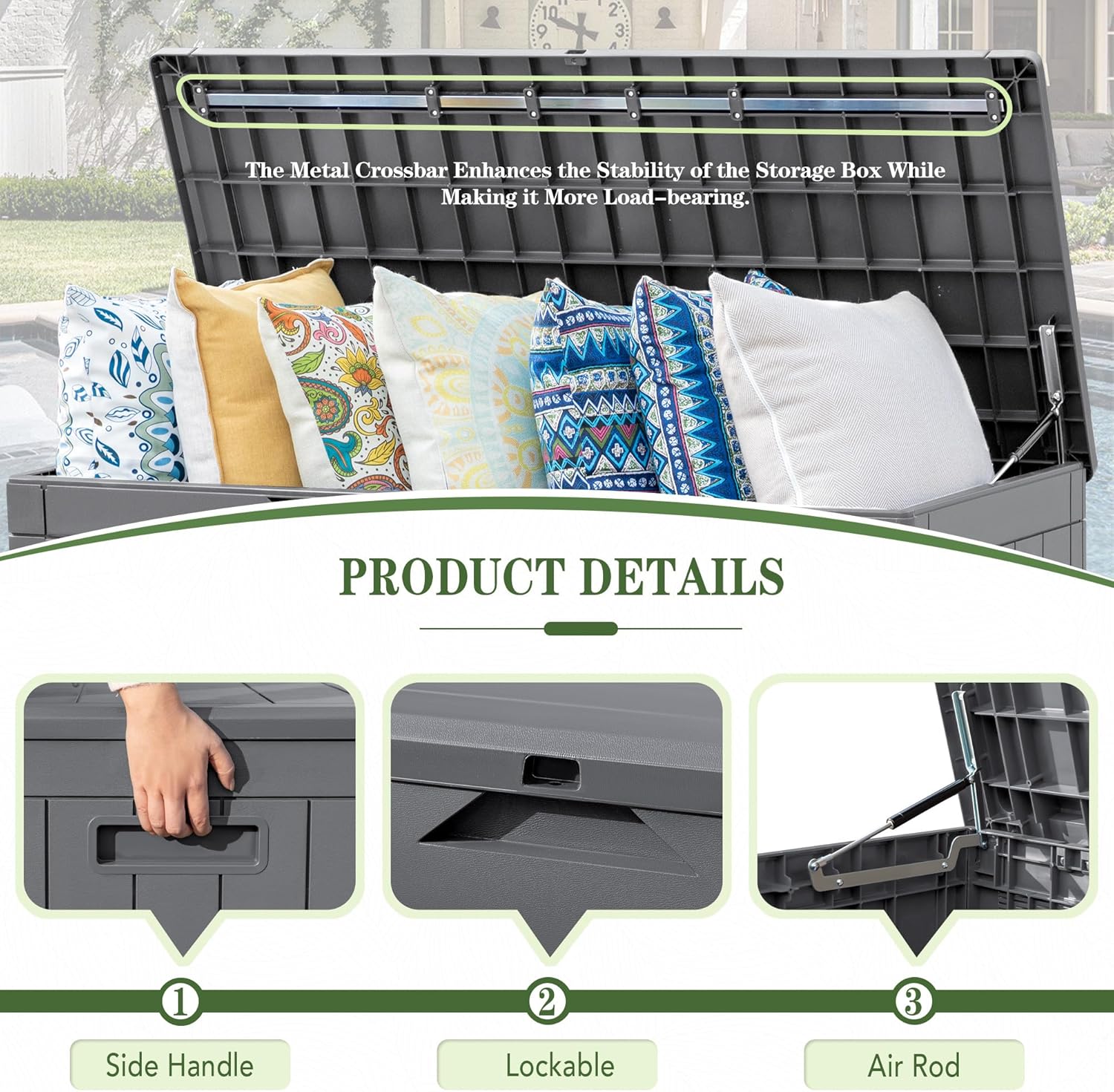 Greesum 31 Gallon Resin Deck Box Large Outdoor Storage for Patio Furniture, Garden Tools, Pool Supplies, Weatherproof and UV Resistant, Lockable, Dark Black