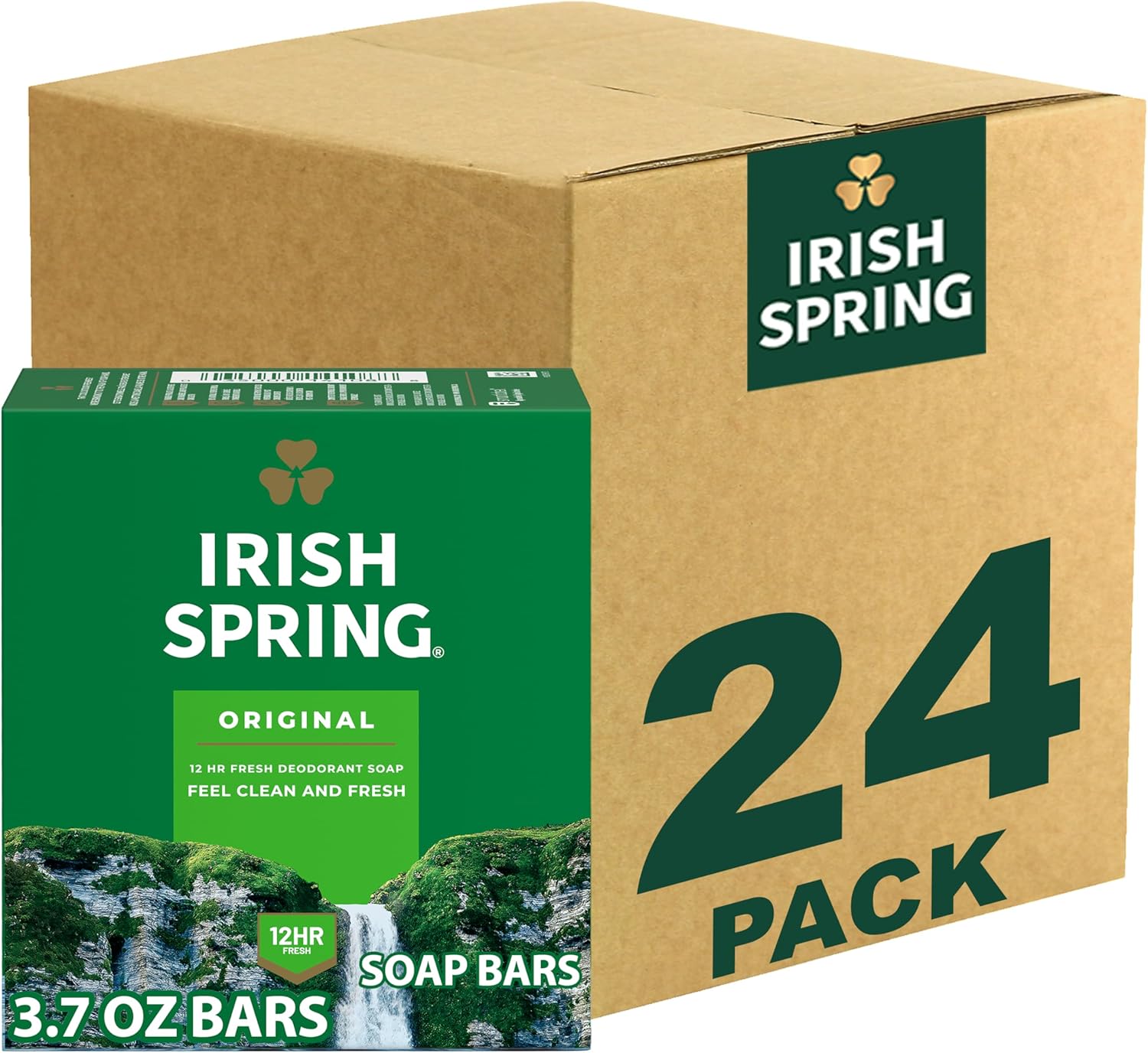 Irish Spring Bar Soap for Men, Original Clean, Smell Fresh and Clean for 12 Hours, Men Soap Bars for Washing Hands and Body, Mild for Skin, Recyclable Carton, 3.7 Ounce - 3 Count (Pack of 8)