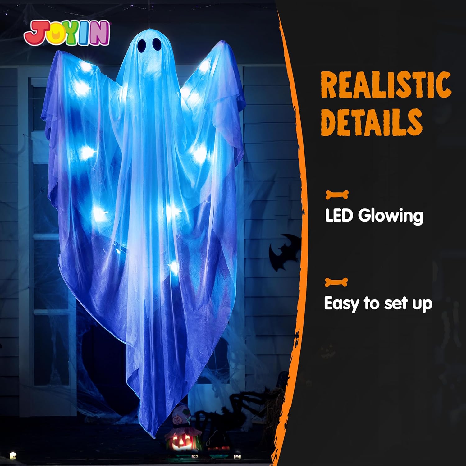 JOYIN Halloween Hanging Light up Ghost with Spooky Blue LED Light, 47” White Ghosts Halloween Hanging Decoration for Front Yard Patio Lawn Garden Party Decor Indoor Outdoor
