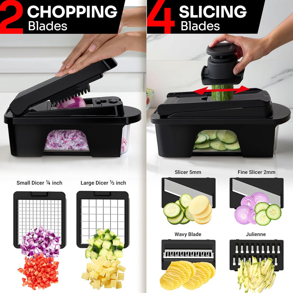 Mueller Pro-Series All-in-One, 12 Blade Mandoline Slicer for Kitchen, Food Chopper, Vegetable Slicer and Spiralizer, Cutter, Dicer, Grater, Kitchen Gadgets Sets with Container, White Sand/Gray