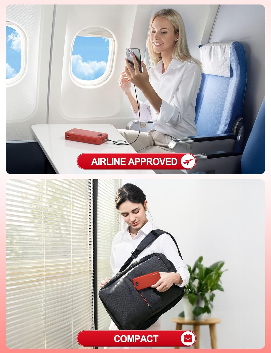 Portable Charger Power Bank, 12000mAh 22.5W USB C Fast Charging with Built-in Cables and Wall Plug, Travel Essential Battery Pack with LED Display for iPhone, iPad, Samsung Pink