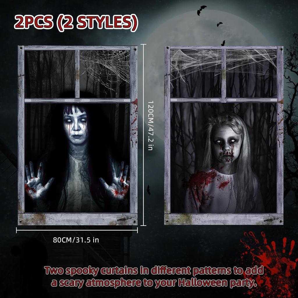 EDYCON 2 Pack Halloween Ghost Curtain Decorations Halloween Window Scary Female Ghost Window Cover Halloween Poster for Indoor Outdoor Party Decor (Female Ghost)