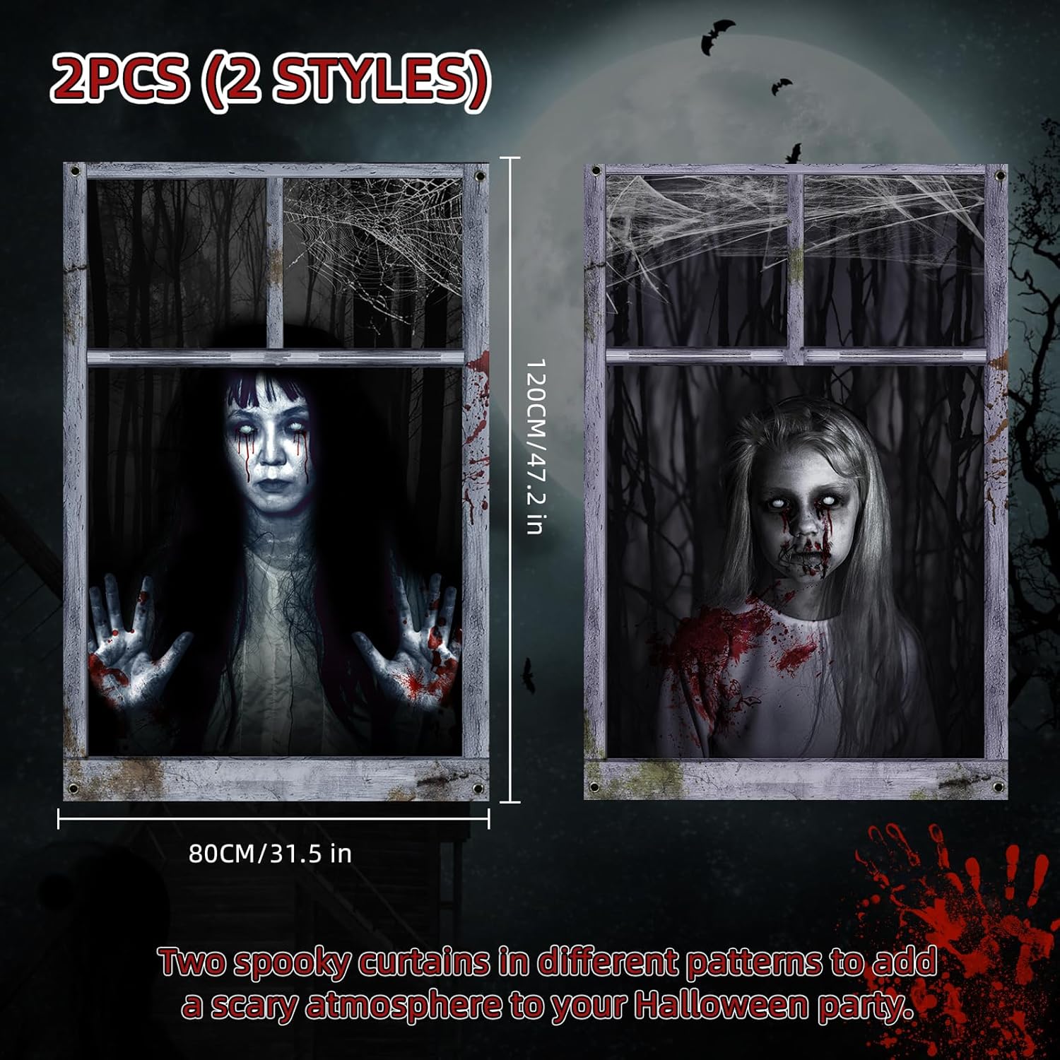 EDYCON 2 Pack Halloween Ghost Curtain Decorations Halloween Window Scary Female Ghost Window Cover Halloween Poster for Indoor Outdoor Party Decor (Female Ghost)
