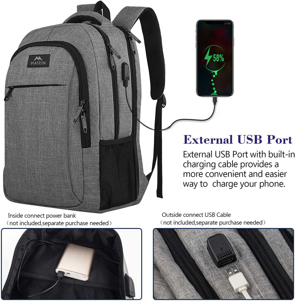 MATEIN Travel Laptop Backpack, Business Anti Theft Slim Sturdy Laptops Backpack with USB Charging Port, Water Resistant College School Computer Bag Gift for Men & Women Fits 15.6 Inch Notebook, Grey
