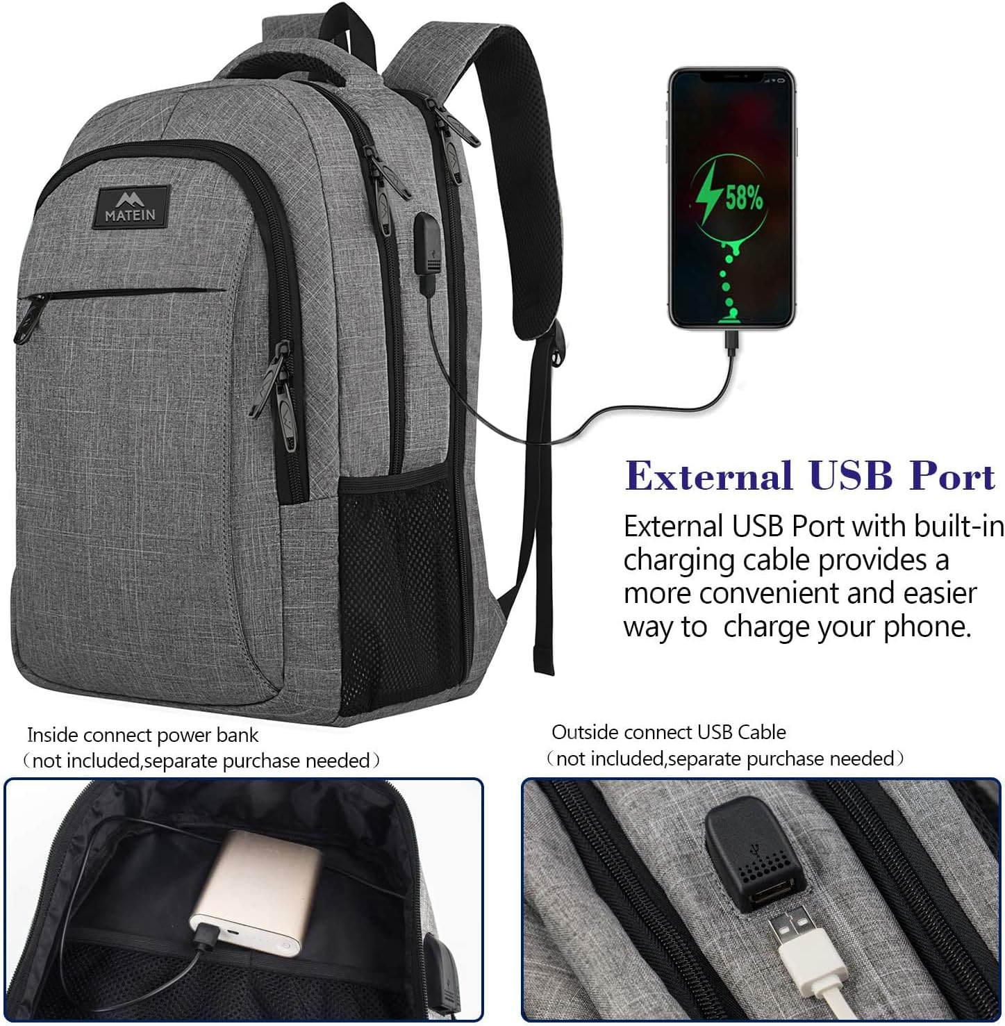 MATEIN Travel Laptop Backpack, Business Anti Theft Slim Sturdy Laptops Backpack with USB Charging Port, Water Resistant College School Computer Bag Gift for Men & Women Fits 15.6 Inch Notebook, Grey