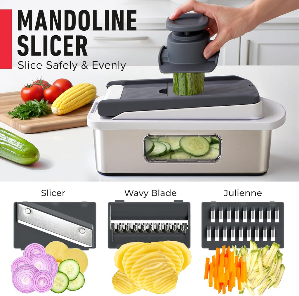 Mueller Pro-Series All-in-One, 12 Blade Mandoline Slicer for Kitchen, Food Chopper, Vegetable Slicer and Spiralizer, Cutter, Dicer, Grater, Kitchen Gadgets Sets with Container, White Sand/Gray