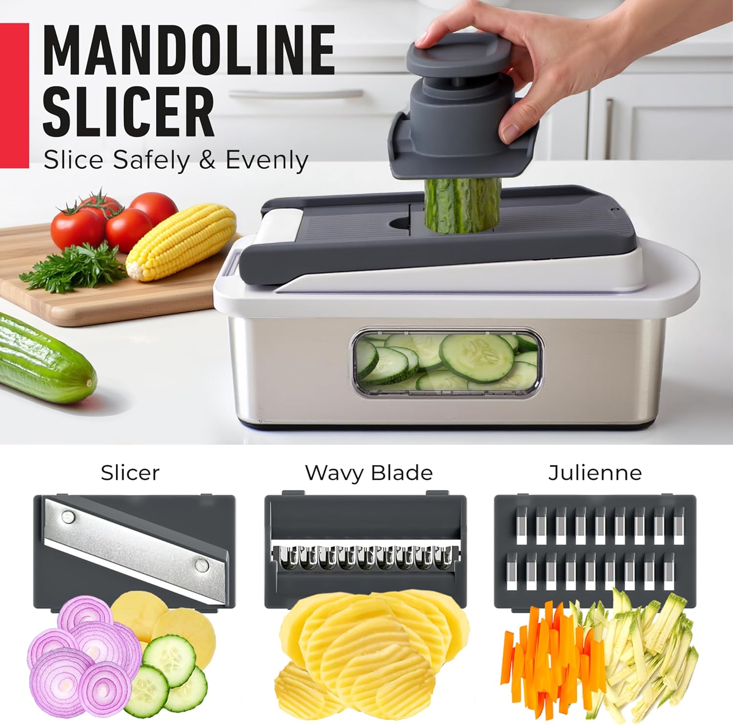 Mueller Pro-Series All-in-One, 12 Blade Mandoline Slicer for Kitchen, Food Chopper, Vegetable Slicer and Spiralizer, Cutter, Dicer, Grater, Kitchen Gadgets Sets with Container, White Sand/Gray