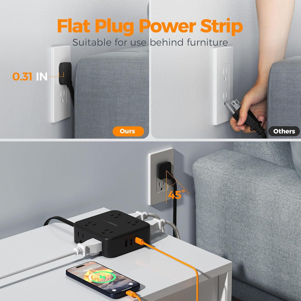 TESSAN Surge Protector Power Strip, 5 Ft Flat Plug Extension Cord with 3 USB (1 USB C) 8 Outlets, 900J Surge Protection, 3 Sided Outlet Extender with Power Switch for Office, Dorm Room Essentials