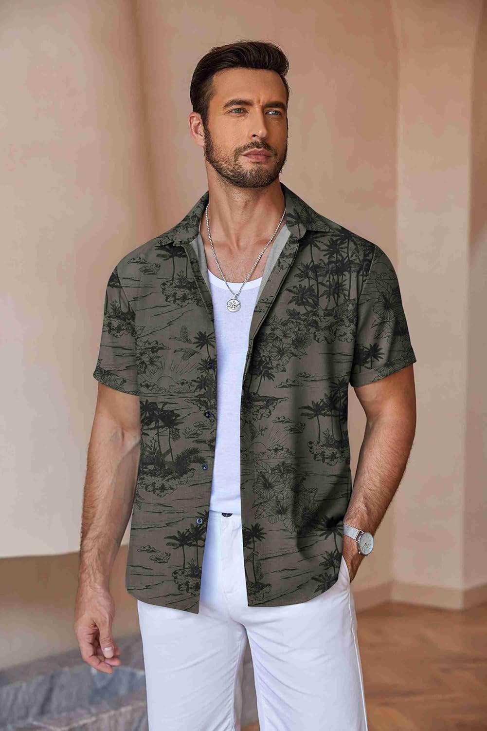 COOFANDY Men's Linen Shirts Short Sleeve Casual Shirts Button Down Shirt for Men Beach Summer Wedding Shirt