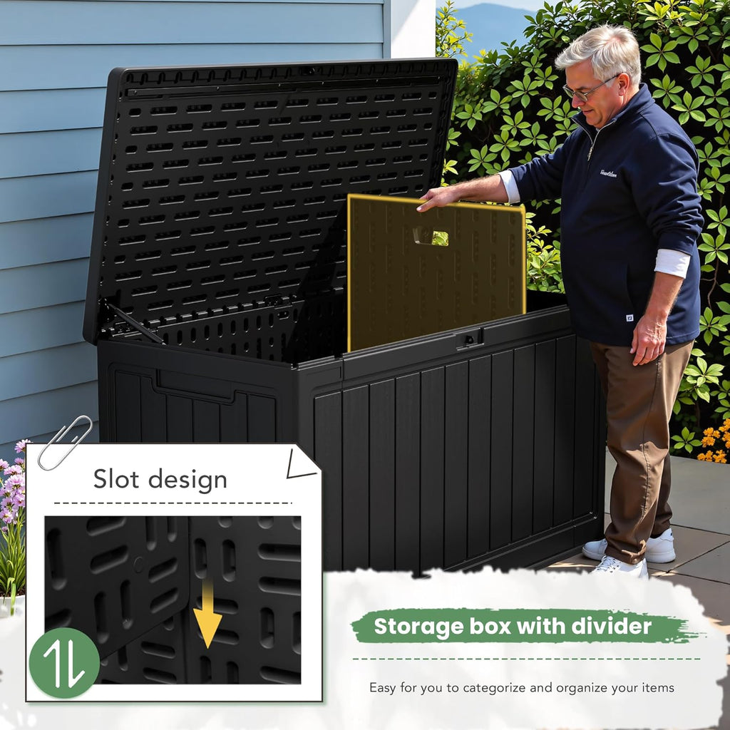 Greesum 31 Gallon Resin Deck Box Large Outdoor Storage for Patio Furniture, Garden Tools, Pool Supplies, Weatherproof and UV Resistant, Lockable, Dark Black