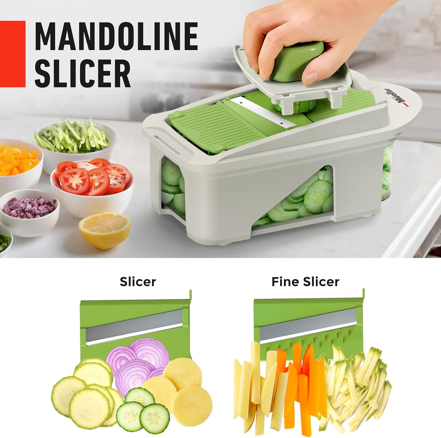 Mueller Pro-Series All-in-One, 12 Blade Mandoline Slicer for Kitchen, Food Chopper, Vegetable Slicer and Spiralizer, Cutter, Dicer, Grater, Kitchen Gadgets Sets with Container, White Sand/Gray