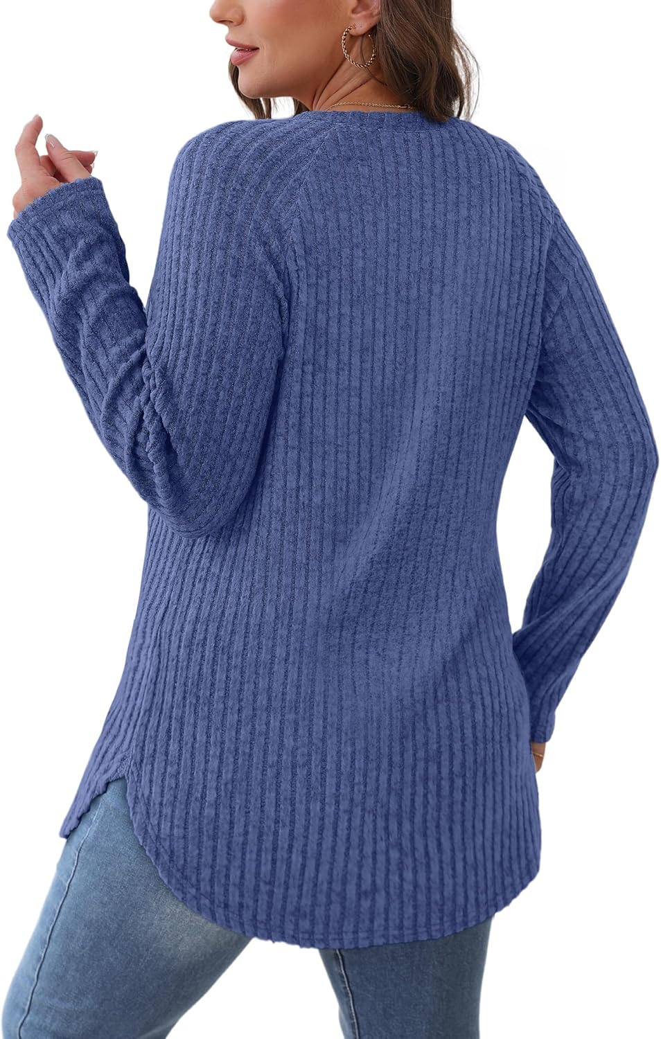 Saloogoe Long Sleeve Shirts for Women 2025 Fall Clothes Tunic Tops Loose Fit Dressy Crewneck Pullover Sweaters Curved Hem