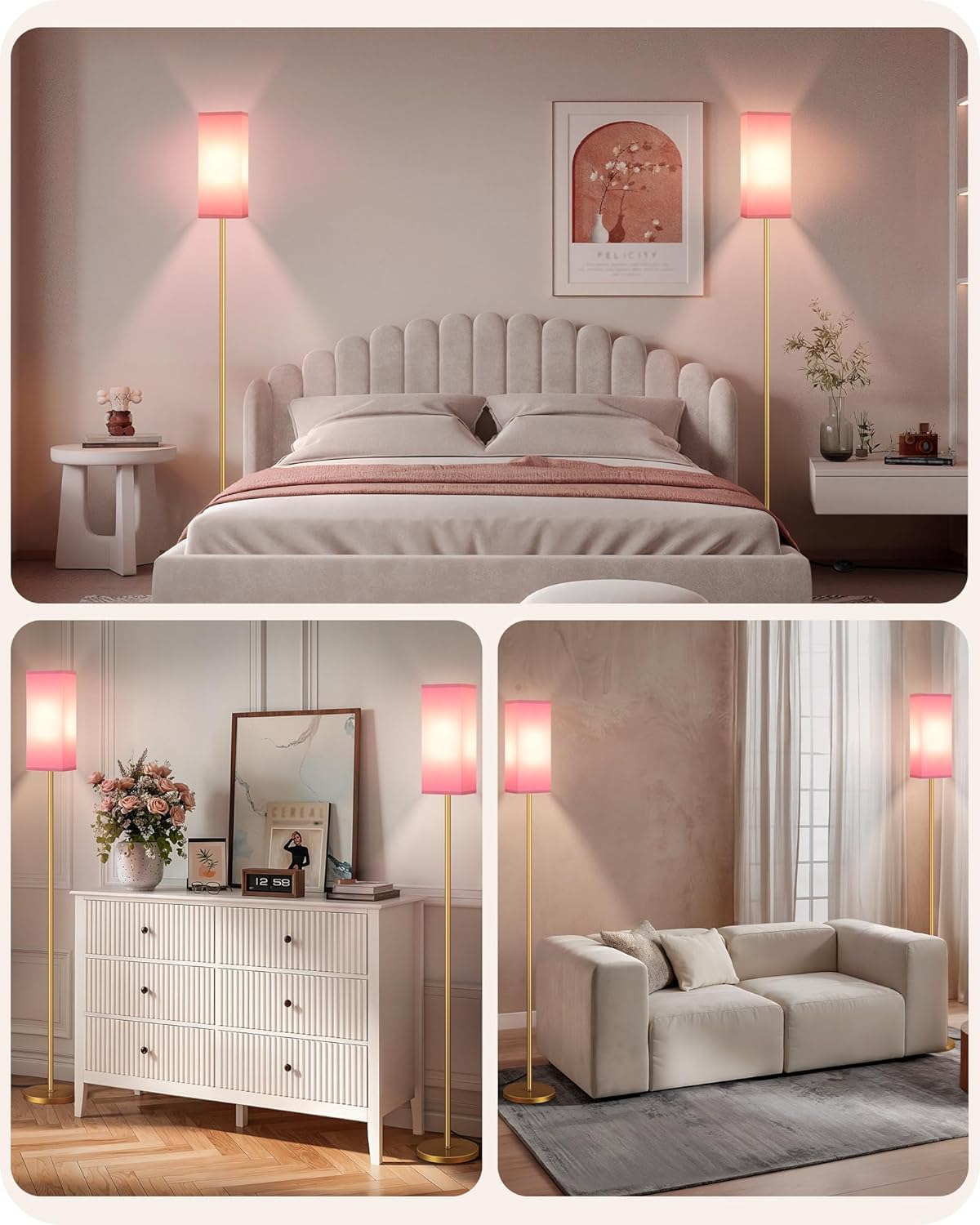 64.6" Floor Lamp, Pole with Foot Switch, Modern Standing Lamp Lampshade, Minimalist Freestanding Lamp (Bulb Not Included), for Living Room, Bedroom Office ETL Listed, Black and Beige E07LD05